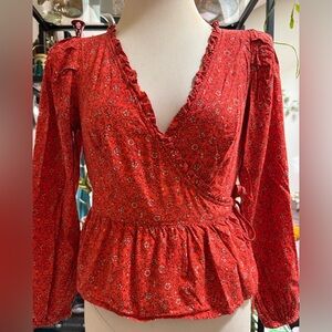 Universal Thread Red Floral Wrap Blouse with Ruffle Trim